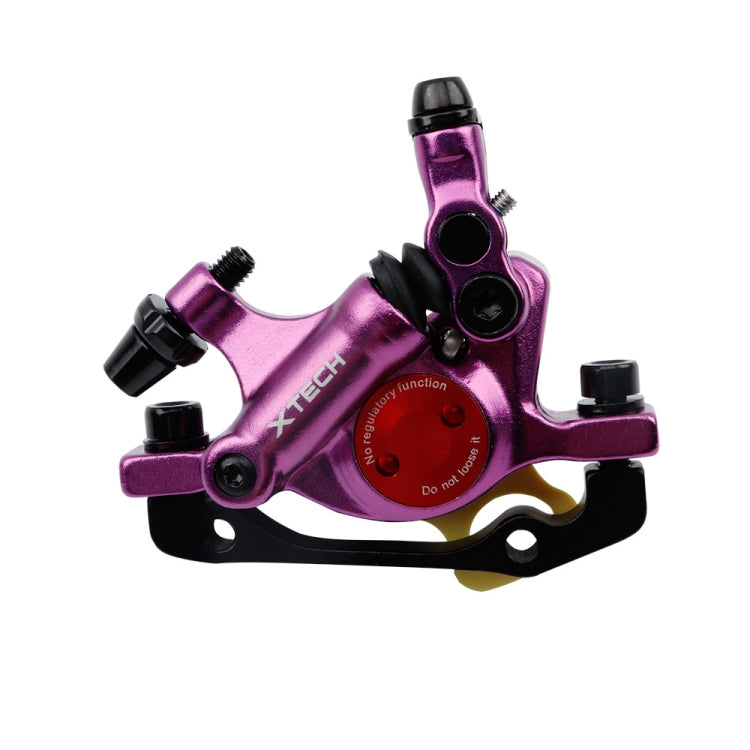 Purple hydraulic disc brake caliper with mounting bracket and hose port