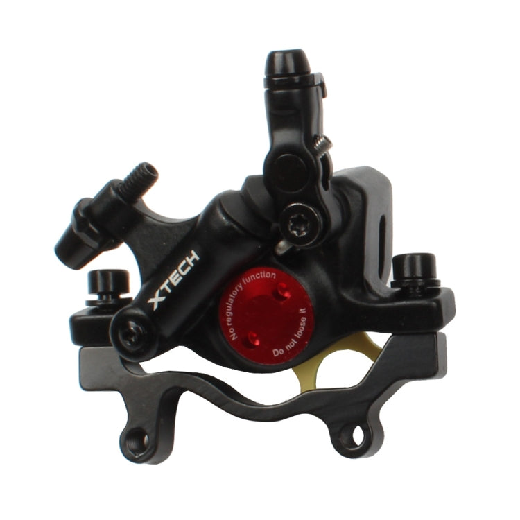 Black hydraulic disc brake caliper with mounting bracket and hose port