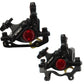 Pair of black hydraulic disc brake calipers with mounting brackets and hose ports