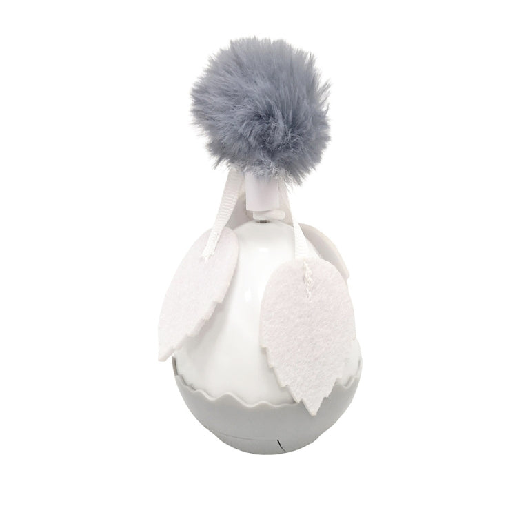 White electric cat egg toy with gray fuzzy pom‑pom head and dangling feather strings
