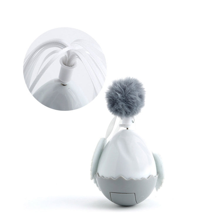 White electric cat egg toy with detachable gray pom‑pom head and feather whip arms