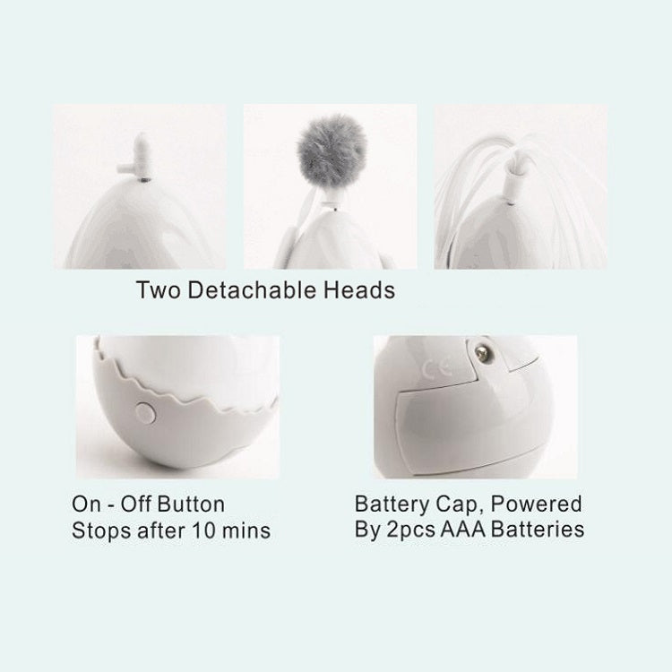 White electric cat egg toy with two detachable heads, on/off button, and battery cap