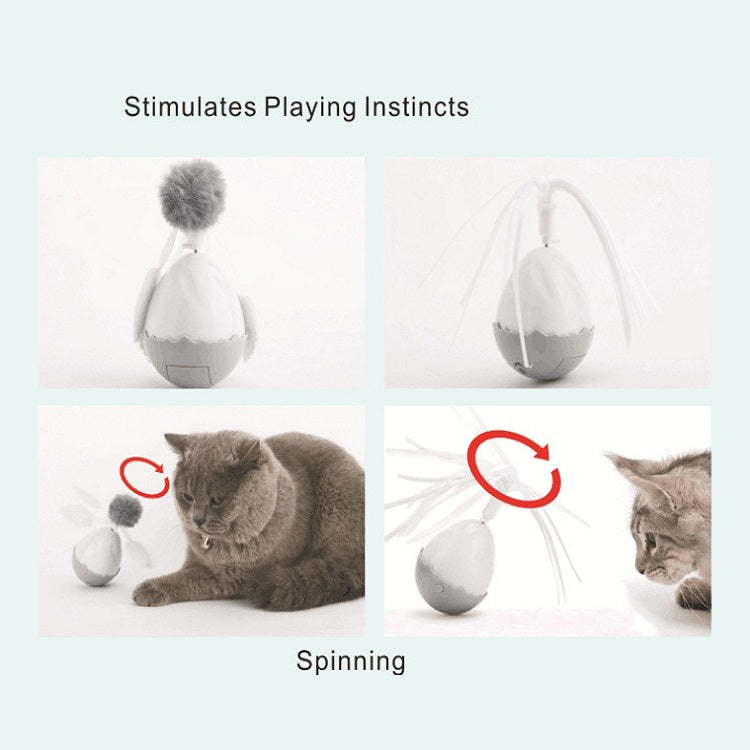 White electric cat egg toy with spinning feather design and fuzzy pom‑pom heads