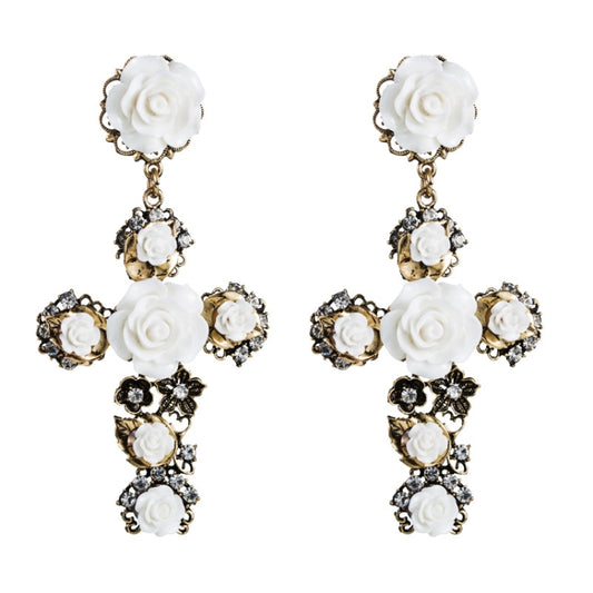 Pair of white rose cross long dangle earrings with gold-tone and rhinestone accents