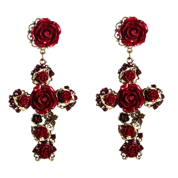 Pair of red rose cross long dangle earrings with gold-tone and dark rhinestone clusters