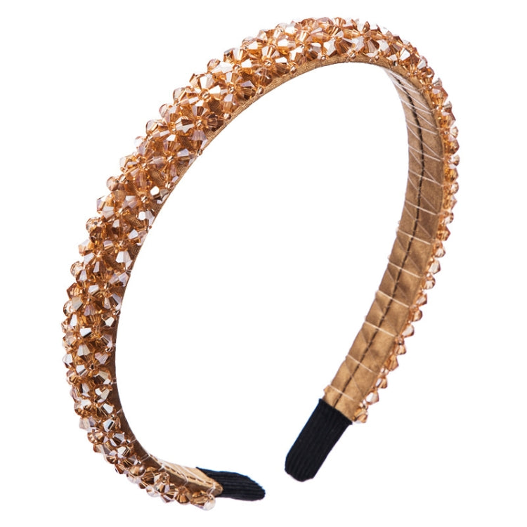 Warm tan/copper crystal beaded fabric headband with black fabric tips