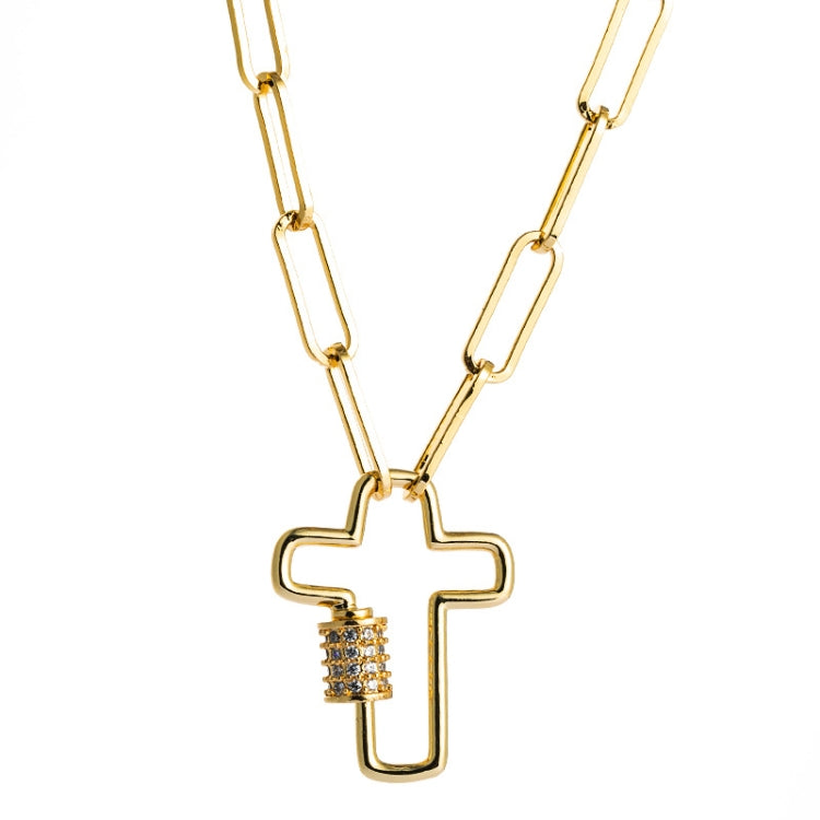 Gold-tone cross pendant necklace with bezel-set zircon accents and long link chain