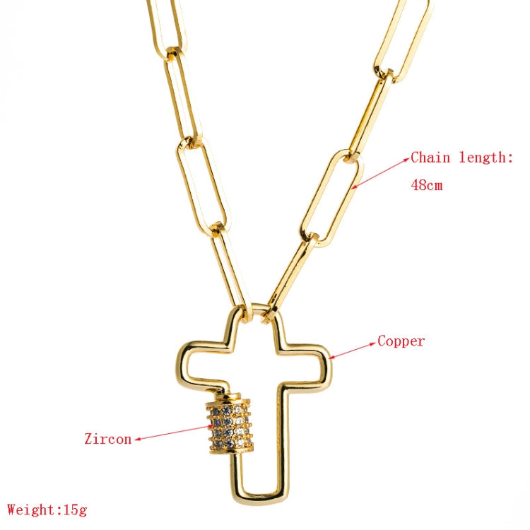 Gold-tone cross pendant necklace with centered zircon bar detail and long link chain