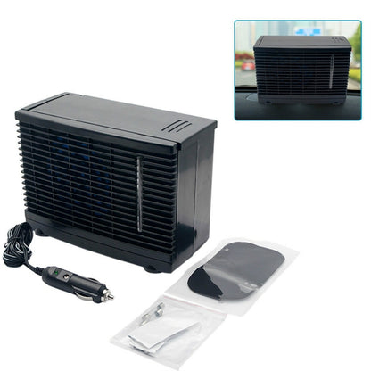 24V car cooling fan unit with black housing, blue fan grille, and power cord