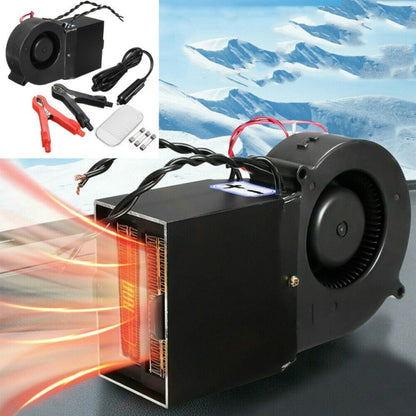 24V electric car heater defroster with black blower fan, front grille, and cables