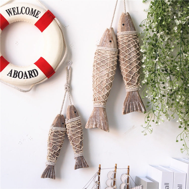 Wall-hanging set of wooden fish ornaments with braided rope and net weave