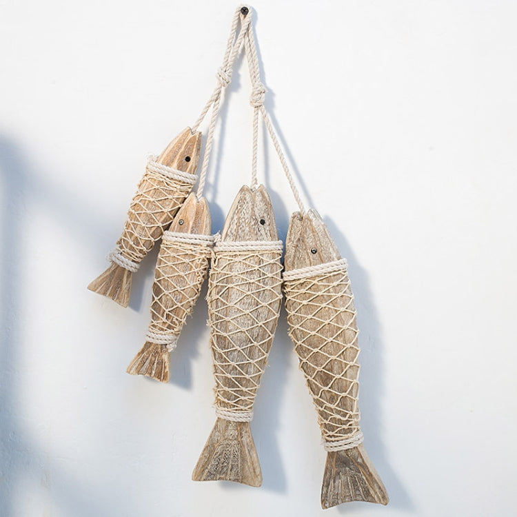 Set of hanging wooden fish ornaments with twine netting and braided cords