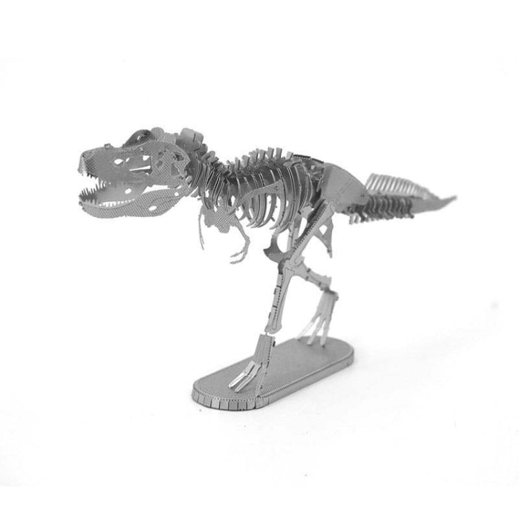 Silver metal Tyrannosaurus skeleton DIY model on stand, 3D assembly puzzle