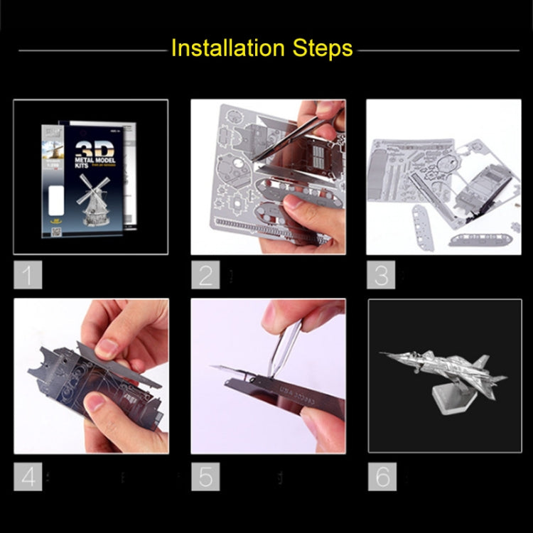 Metal dinosaur skeleton DIY model installation steps with puzzle pieces and hands