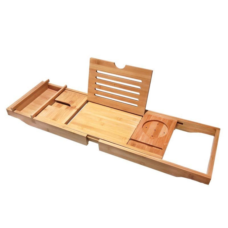 Bamboo bath caddy with slatted backrest, circular cup holder, and phone/tablet stand