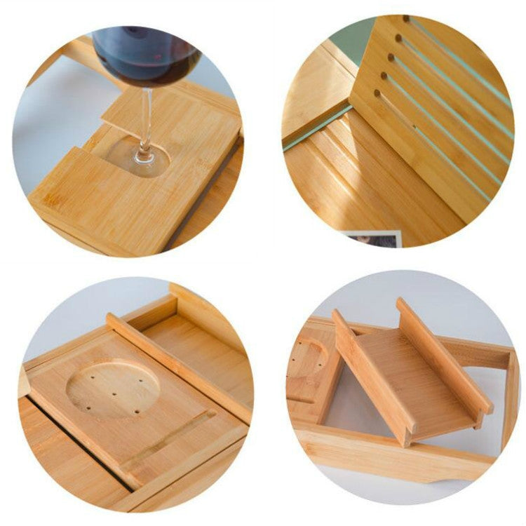 Bamboo bath caddy close-up showing cup holder, tray dividers, and slatted back