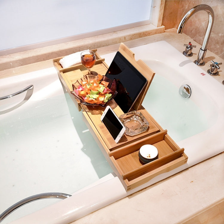 Bamboo bathtub shelf caddy with tablet stand, cup wells, and divided organizer tray