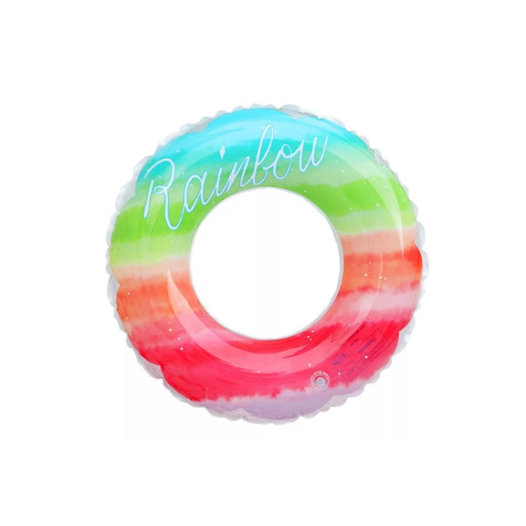 Rainbow gradient children’s PVC swimming ring, top view with “Rainbow” script