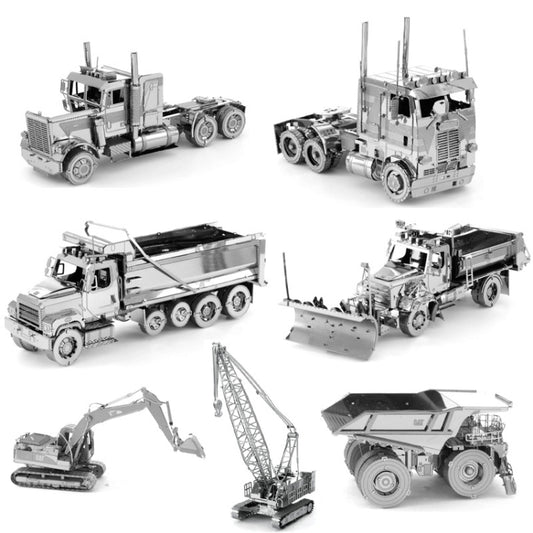 3D Metal Assembly Model Engineering Vehicle Series DIY Puzzle Toy, Dump Truck, Snow Plow, Bulldozer, Excavator, Truck, Automatic Grader, Loader, COE Truck, Quay Crane, Crane, Diaphragm Wall Grab, Tractor, Long Nose Truck