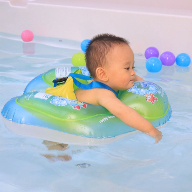 Children inflatable swimming ring with cartoon sea animals; baby lying on ring, blue and green.