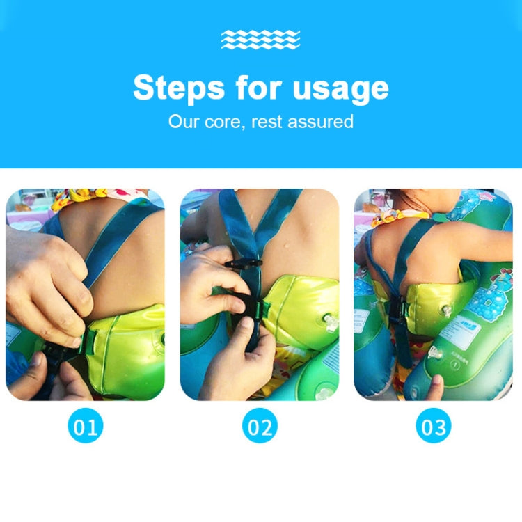Infant swimming ring usage steps showing hands securing the blue strap