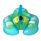 Children inflatable swimming ring with cartoon sea animals, blue-green with safety handle.