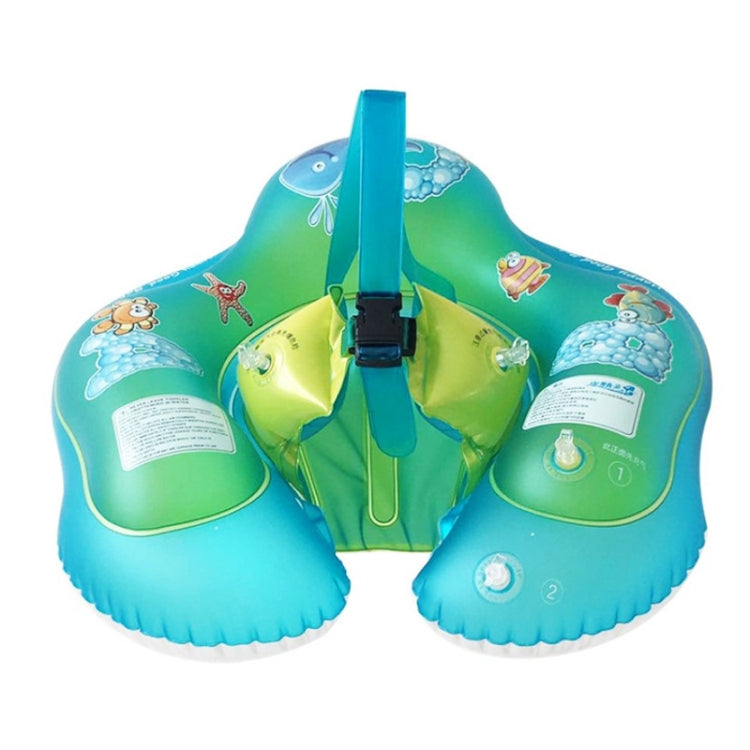 Children inflatable swimming ring with cartoon sea animals, blue-green with safety handle.