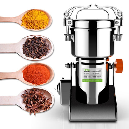 Stainless steel countertop powder grinder with lidded hopper and orange side switch