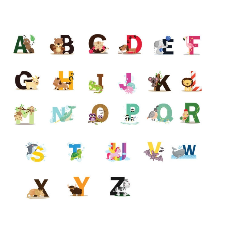Sheet of colorful uppercase alphabet animal wall stickers, A–Z, on white background