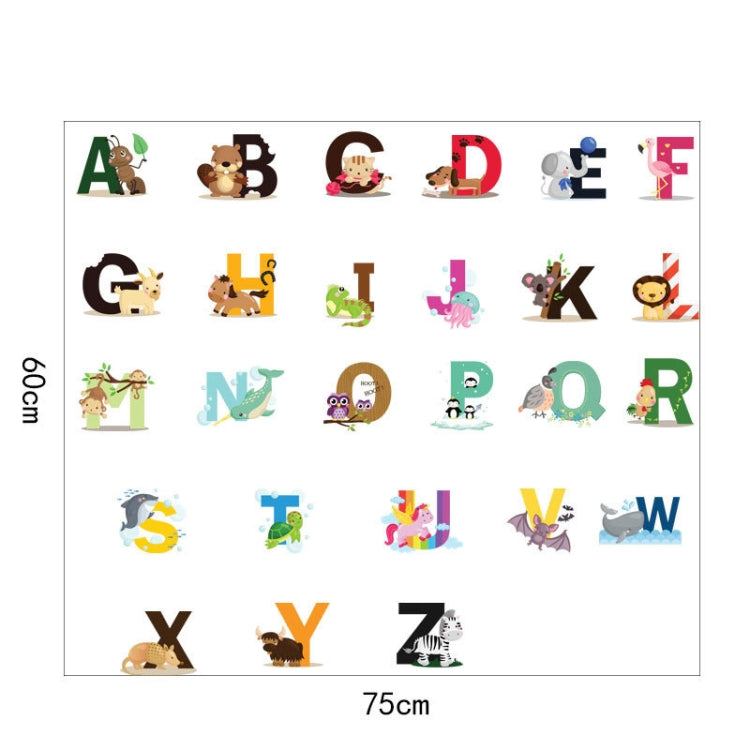 Rectangular sheet of uppercase alphabet animal wall stickers with A–Z, 75cm length