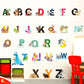 Children's alphabet animal wall stickers arranged across a white wall, A–Z uppercase