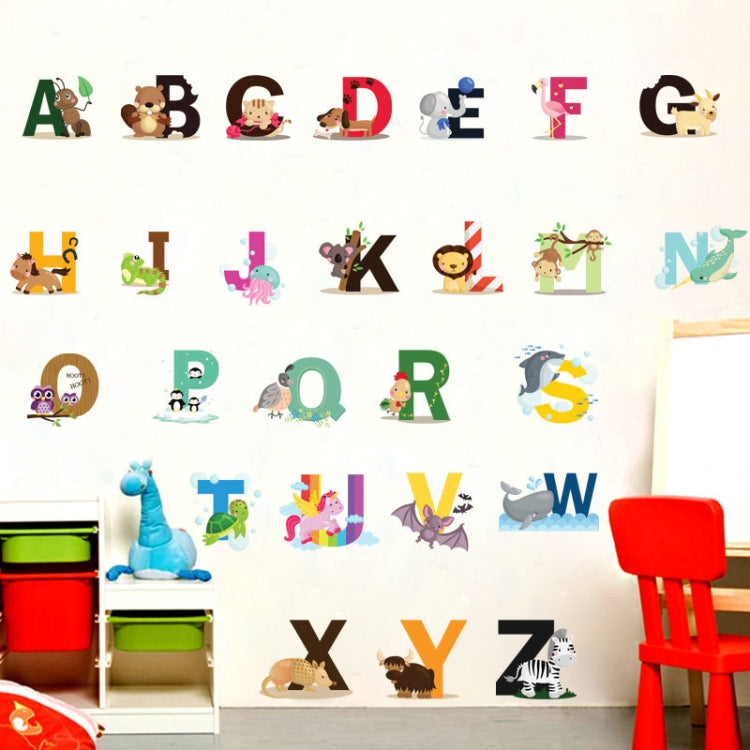 Children's alphabet animal wall stickers arranged across a white wall, A–Z uppercase