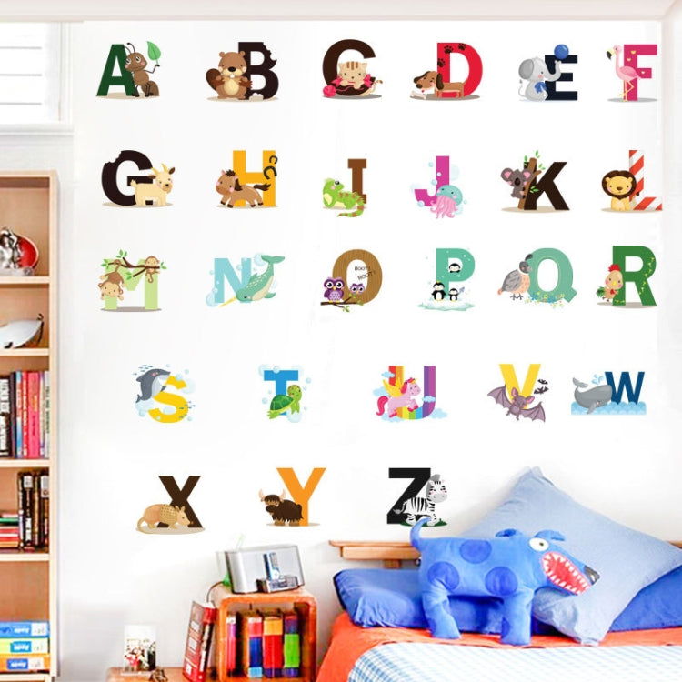 Alphabet animal wall stickers on a white wall, colorful uppercase letters A–Z