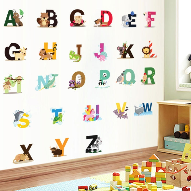 Alphabet animal wall stickers with colorful uppercase letters A–Z on a white wall