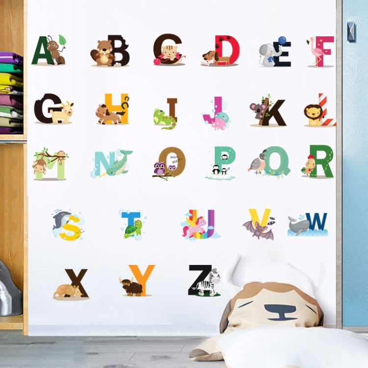 Alphabet animal wall stickers with colorful uppercase letters A–Z on a white wall