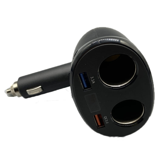 Black dual-USB car charger with two ports, blue and orange accents