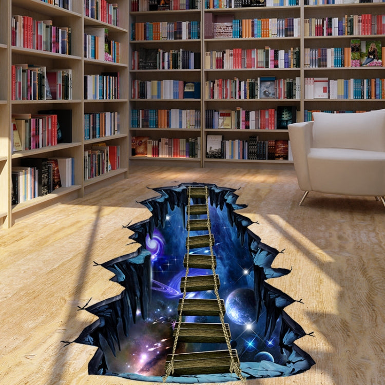 Blue cosmic bridge floor decal in living room on wooden floor