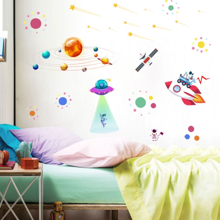 Cartoon space wall sticker set with UFO, rocket, planets, satellite and colorful orbit dots