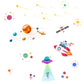 Cartoon space wall stickers featuring a UFO, rocket ship, planets, satellite and orbit trails