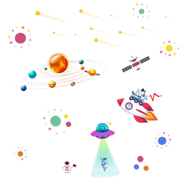 Cartoon space wall stickers featuring a UFO, rocket ship, planets, satellite and orbit trails