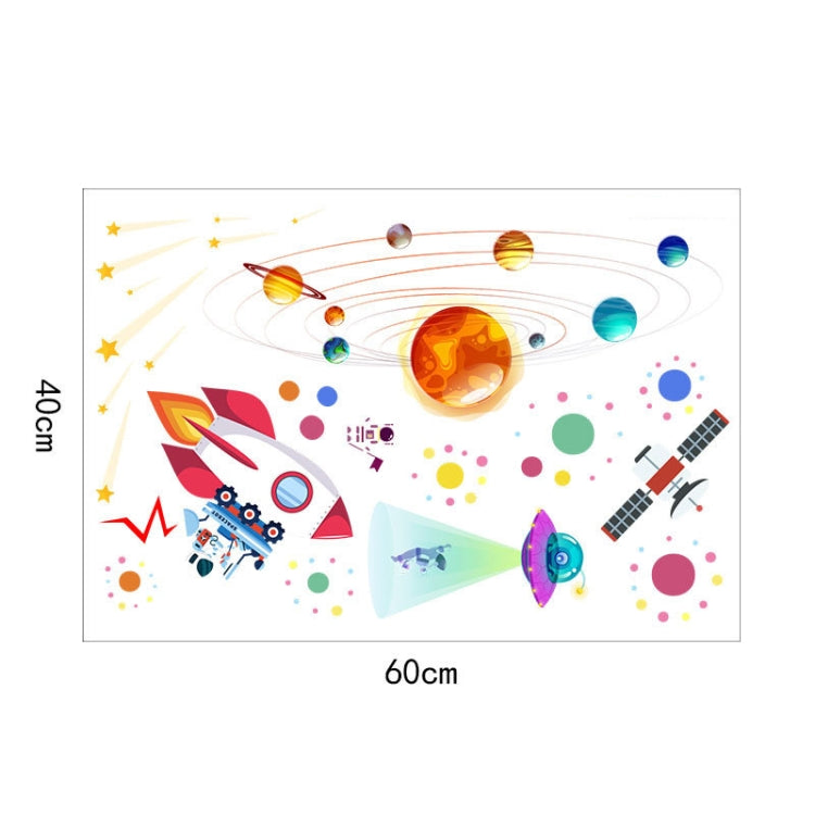Cartoon space wall sticker sheet with UFO beam, rocket ship, planets, moons and satellite icons