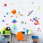 Cartoon space wall stickers: UFO beam with astronaut, rocket ship, planets and star sparkles
