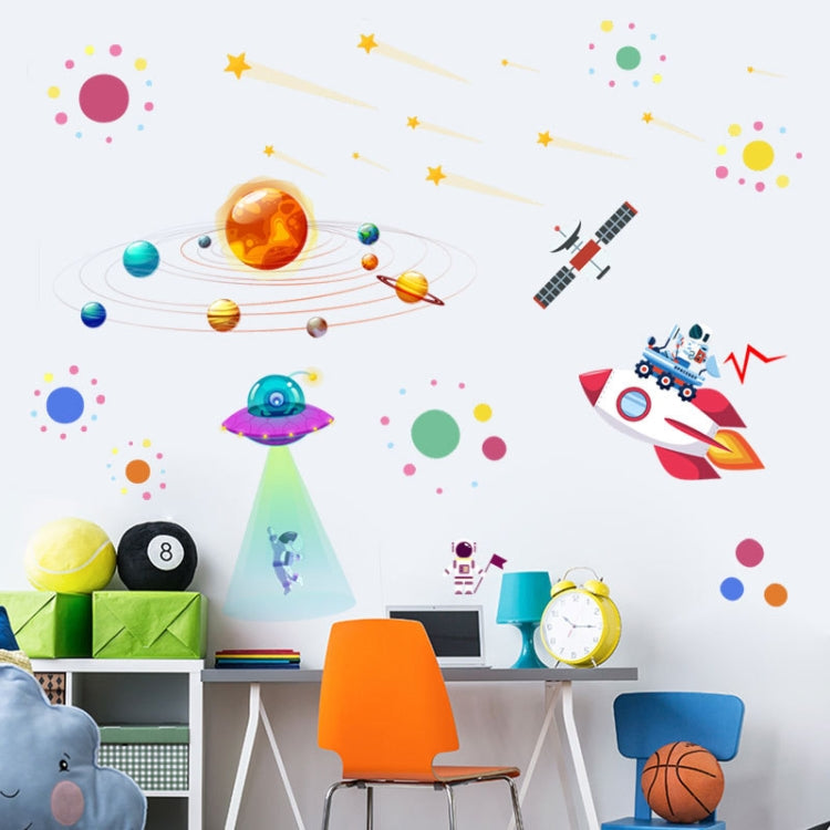 Cartoon space wall stickers: UFO beam with astronaut, rocket ship, planets and star sparkles