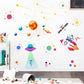 Cartoon space wall sticker set with flying saucer, astronaut beam, rocket ship and planets