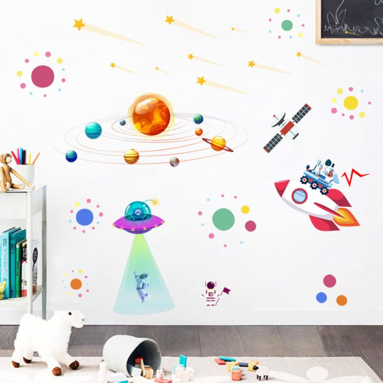 Cartoon space wall sticker set with flying saucer, astronaut beam, rocket ship and planets