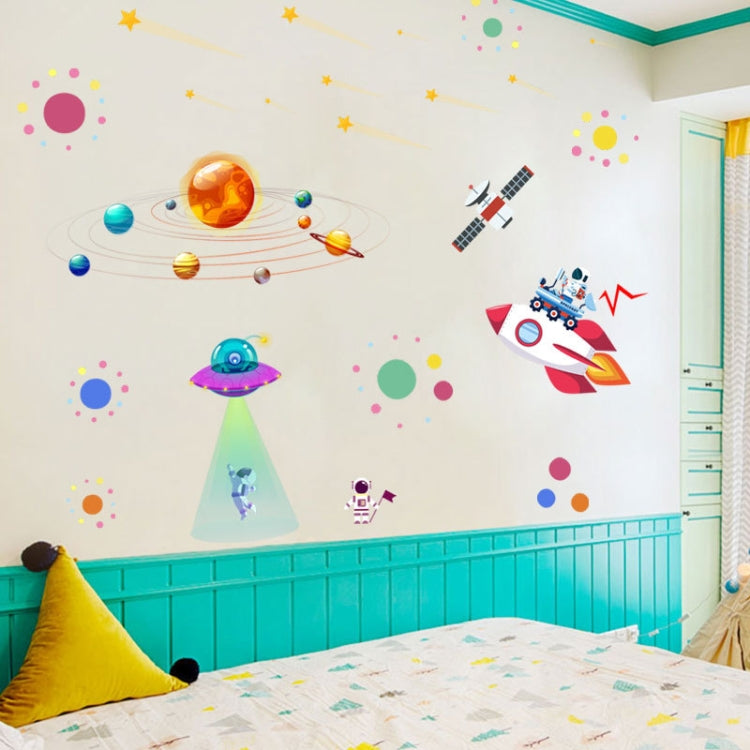 Cartoon space wall stickers with UFO saucer, astronaut beam, rocket, planets and speckled orbits