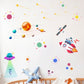 Cartoon space wall sticker set with planets, UFO saucer, astronaut beam, rocket and satellite icons