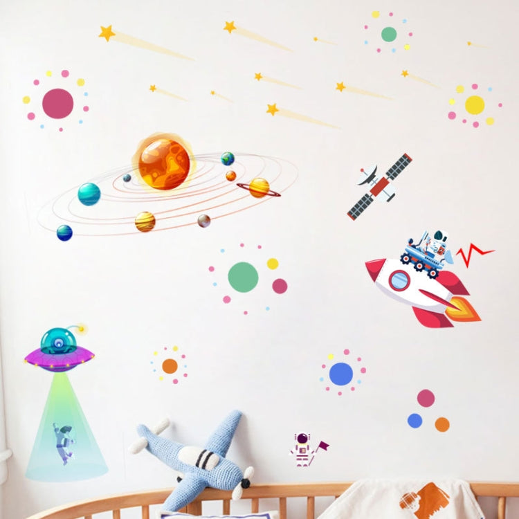 Cartoon space wall sticker set with planets, UFO saucer, astronaut beam, rocket and satellite icons