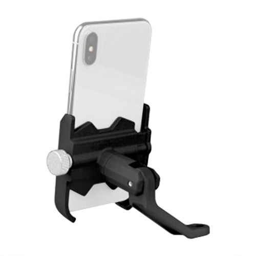 Black phone holder bracket with adjustable grip clamp for handlebars