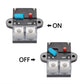 Auto circuit breaker fuse holder with blue lever, red button, and clear protective cover